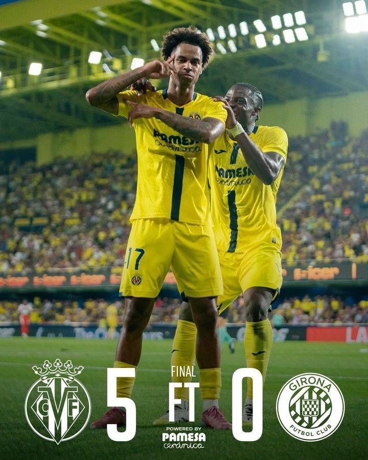 布坎南戴帽！比利亚雷亚尔5-0赫罗纳，两轮全胜净胜7球登顶积分榜